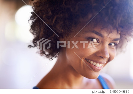 Woman, portrait and smile in fashion with bokeh, natural beauty and casual outfit in summer. African person, face and happiness with afro hairstyle, wellness or trendy style with lens flare in Africa 140604653