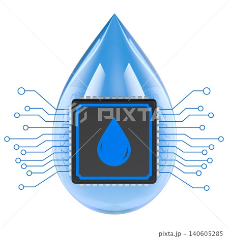 Blue water droplet with embedded microchip and circuit lines for smart water monitoring and digital purification, 3d rendering Blue water droplet with embedded microchip and circuit lines for smart water monitoring and digital purification, 3d rendering 140605285