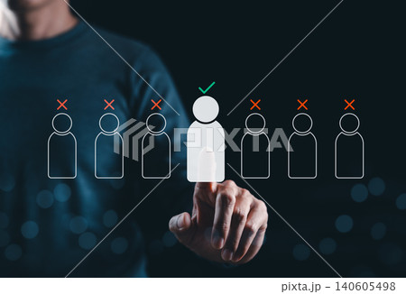 Candidate selection and recruitment decision concept. Person choosing one approved profile among rejected applicants with check mark and red cross icons showing hiring, talent screening, HR evaluation Candidate selection and recruitment decision concept. Person choosing one approved profile among rejected applicants with check mark and red cross icons showing hiring, talent screening, HR evaluation 140605498