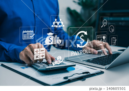 Payroll Management and Employee Salary Calculation System Concept. Professional using calculator and laptop with virtual payroll icons, money, team, calendar, reports, analytics, HR finance workflow Payroll Management and Employee Salary Calculation System Concept. Professional using calculator and laptop with virtual payroll icons, money, team, calendar, reports, analytics, HR finance workflow 140605501