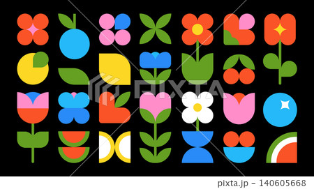 Colorful flat flowers and fruits, created from simple shapes in Y2K style. Vector futuristic abstract geometric figures and objects for design. Boho style, aesthetics, contemporary art and Bauhaus. Colorful flat flowers and fruits, created from simple shapes in Y2K style. Vector futuristic abstract geometric figures and objects for design. Boho style, aesthetics, contemporary art and Bauhaus. 140605668