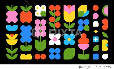 Colorful flat flowers and fruits, created from simple shapes in Y2K style. Vector futuristic abstract geometric figures and objects for design. Boho style, aesthetics, contemporary art and Bauhaus. Colorful flat flowers and fruits, created from simple shapes in Y2K style. Vector futuristic abstract geometric figures and objects for design. Boho style, aesthetics, contemporary art and Bauhaus. 140605669