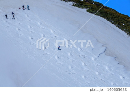 春のバックカントリースキー 青空の下で残雪の斜面にシュプールを描くスキーヤー 春のバックカントリースキー 青空の下で残雪の斜面にシュプールを描くスキーヤー 140605688