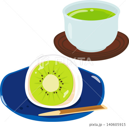 皿に乗せたキウイ大福と湯吞に入った緑茶 皿に乗せたキウイ大福と湯吞に入った緑茶 140605915