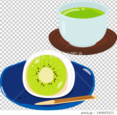 皿に乗せたキウイ大福と湯吞に入った緑茶 皿に乗せたキウイ大福と湯吞に入った緑茶 140605915