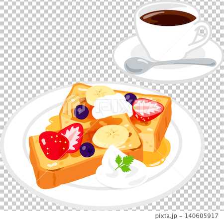 French toast topped with fruit and coffee French toast topped with fruit and coffee 140605917