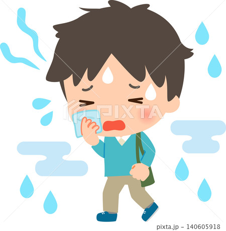 蒸し暑くて汗をかきながら歩く若い男性 蒸し暑くて汗をかきながら歩く若い男性 140605918