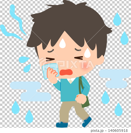 蒸し暑くて汗をかきながら歩く若い男性 蒸し暑くて汗をかきながら歩く若い男性 140605918