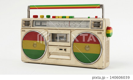 Vintage portable cassette player boombox with rasta colored speaker grilles cassette recorder portable electronics technology entertainment listening background playback equipment hardware Vintage portable cassette player boombox with rasta colored speaker grilles cassette recorder portable electronics technology entertainment listening background playback equipment hardware 140606039
