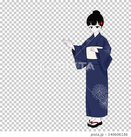 一位身穿浴衣(夏季和服)的女子為遊客提供導覽,展現了夏季熱情好客的景象。 一位身穿浴衣(夏季和服)的女子為遊客提供導覽,展現了夏季熱情好客的景象。 140606186
