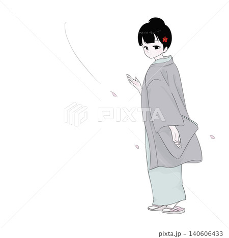 桜の季節に案内する着物女性　春の接客イメージ 140606433