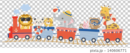 [向量圖] 火車插圖描繪了動物們在夏日海邊享受美好時光，可愛的兒童設計，包括沙灘球和游泳圈。 140606771