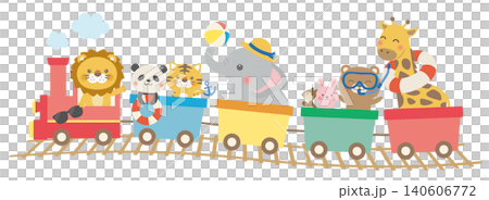 [向量圖] 火車插圖描繪了動物們在夏日海邊享受美好時光，可愛的兒童設計，包括沙灘球和游泳圈。 140606772