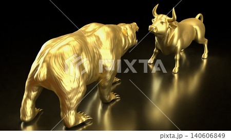 Golden Bear And Bull Market Showdown In Darkness 3d Render. Golden Bear And Bull Market Showdown In Darkness 3d Render. 140606849