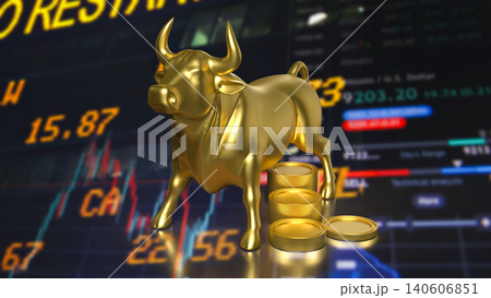 Golden Bull Market Rally With Coins And Trading Screen 3d render. 140606851