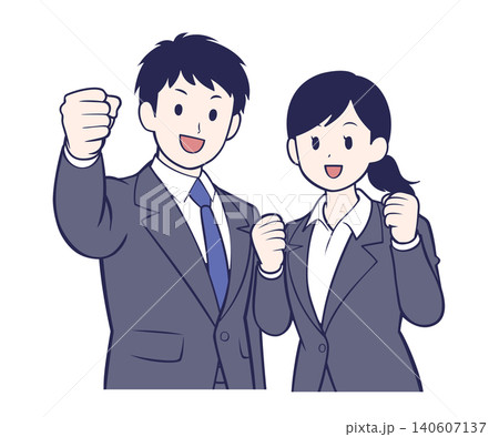 スーツ姿のガッツポーズをする若い男女 140607137