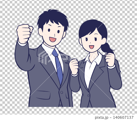 スーツ姿のガッツポーズをする若い男女 140607137