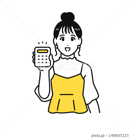 笑顔で電卓を持つまとめ髪の若い女性 140607223