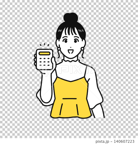 笑顔で電卓を持つまとめ髪の若い女性 140607223