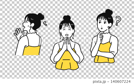A young woman with her hair tied up, thinking, worrying, and explaining with a smile. Pose set material. A young woman with her hair tied up, thinking, worrying, and explaining with a smile. Pose set material. 140607224