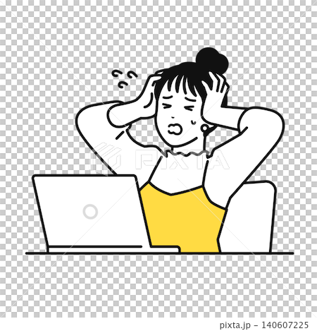A young woman with her hair tied up panics when she looks at her PC. A young woman with her hair tied up panics when she looks at her PC. 140607225