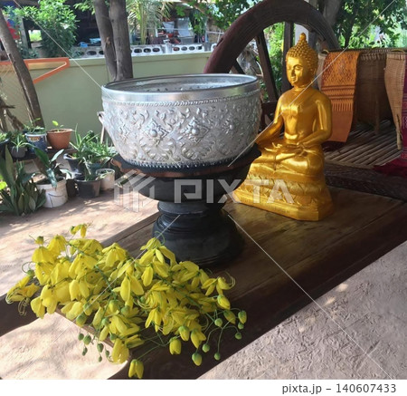Traditional Thai Songkran Festival Set with Golden Buddha and Silver Bowl Traditional Thai Songkran Festival Set with Golden Buddha and Silver Bowl 140607433