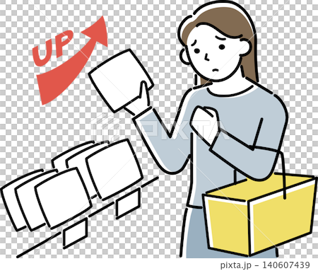 A woman shopping, troubled by rising prices. A woman shopping, troubled by rising prices. 140607439