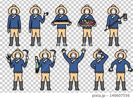 イラスト素材: 麦わら帽子をかぶった農家の男性の様々な表情やポーズのバリエーションセット 140607556
