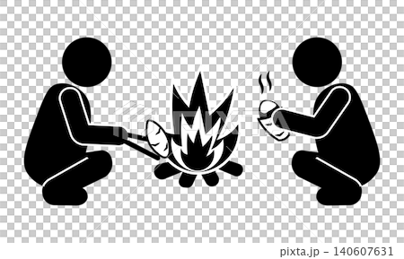 Two people roasting sweet potatoes over a campfire; the taste of autumn; silhouettes of people enjoying roasted sweet potatoes. 140607631