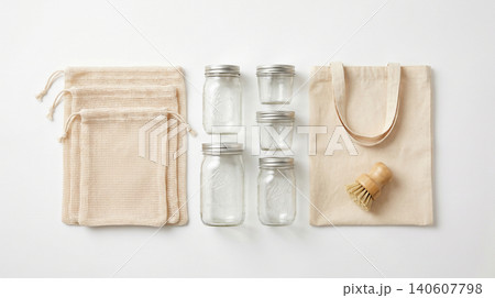 Zero waste eco friendly kitchen starter kit with cotton mesh bags and glass jars plastic free litter free sustainability reusable environment lifestyle conscious minimalist biodegradable 140607798