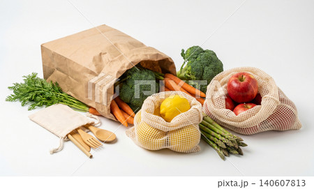 Zero waste shopping concept with paper bag and reusable produce nets shopping reusable vegetables utensils friendly sustainable lifestyle environment conscious broccoli asparagus nutrition 140607813