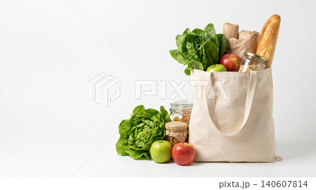 Canvas tote bag filled with fresh produce and groceries vegetables reusable shopping friendly sustainable lifestyle nutrition environment conscious background isolated wholesome Canvas tote bag filled with fresh produce and groceries vegetables reusable shopping friendly sustainable lifestyle nutrition environment conscious background isolated wholesome 140607814
