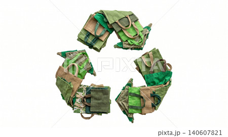 Recycle symbol formed by camouflage utility bags with camouflage military tactical triangle sustainability environment conservation management textured equipment organizational isolated Recycle symbol formed by camouflage utility bags with camouflage military tactical triangle sustainability environment conservation management textured equipment organizational isolated 140607821