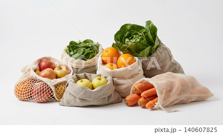 Fresh produce and vegetables in reusable mesh grocery bags for sustainable shopping with plastic free zero waste eco conscious earth friendly shopping sustainable reusable vegetables lifestyle 140607825