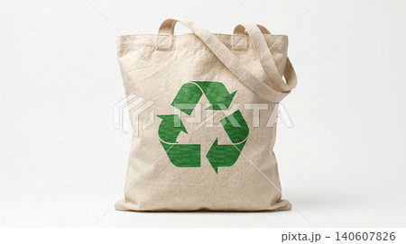 Natural cotton tote bag with green recycling symbol printed on white background eco friendly zero waste recycling shopping reusable environment sustainability reduction accessory carrying Natural cotton tote bag with green recycling symbol printed on white background eco friendly zero waste recycling shopping reusable environment sustainability reduction accessory carrying 140607826