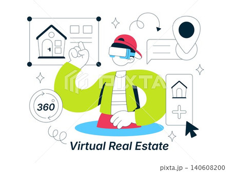 Virtual Real Estate Illustration Featuring VR Property Tours, Immersive Home Viewing, Smart Real Estate Technology, and Online Property Exploration Virtual Real Estate Illustration Featuring VR Property Tours, Immersive Home Viewing, Smart Real Estate Technology, and Online Property Exploration 140608200