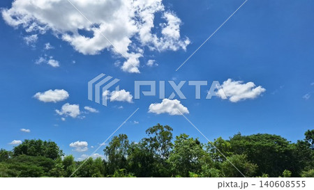 Clear blue sky with white clouds over green trees for nature landscape photography 140608555