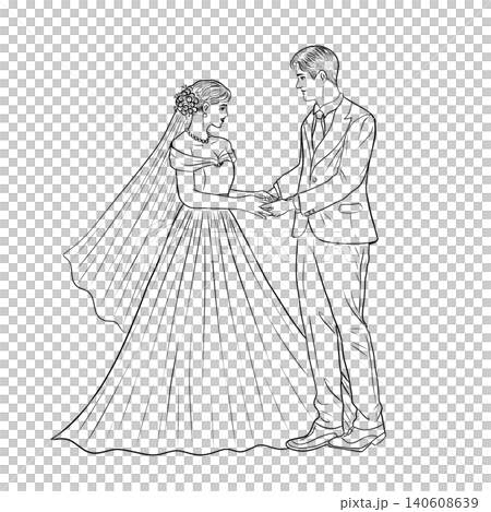 Hand Drawn Wedding Couple Clipart, Holding Hands, Bride and Groom Line Art PNG Hand Drawn Wedding Couple Clipart, Holding Hands, Bride and Groom Line Art PNG 140608639