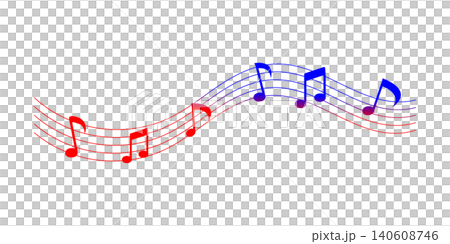 Colorful Musical Notes on Wavy Staff Red to Blue Music Melody Illustration 140608746
