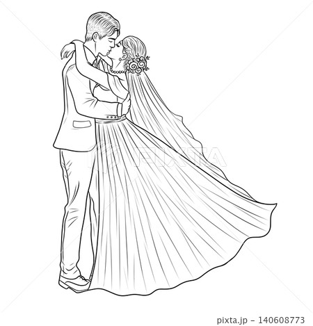 Romantic wedding couple hugging and kissing line art drawing Romantic wedding couple hugging and kissing line art drawing 140608773