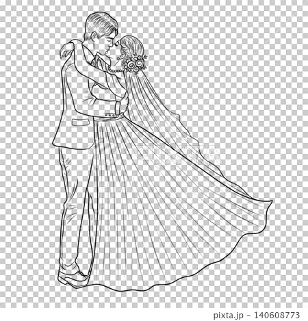 Romantic wedding couple hugging and kissing line art drawing Romantic wedding couple hugging and kissing line art drawing 140608773