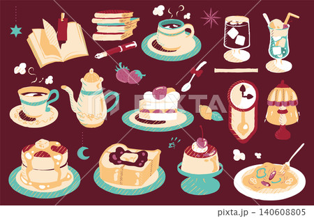 線なし・レトロなカフェスイーツとドリンクのイラストセット 140608805