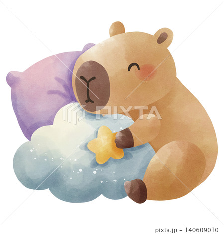 Cozy pillows and blanket with star patterns, watercolor style. Bedtime, sleep, and sweet dreams concept. 140609010