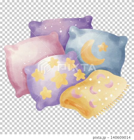Cozy pillows and blanket with star patterns, watercolor style. Bedtime, sleep, and sweet dreams concept. 140609014