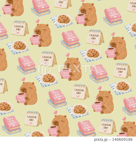 Watercolor Capybara Labor Day Seamless Pattern with Coffee Mug and Lantern Cute Animal Background 140609186