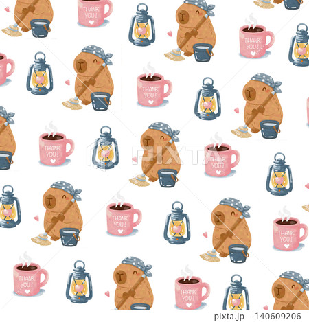 Watercolor Capybara Labor Day Seamless Pattern with Coffee Mug and Lantern Cute Animal Background Watercolor Capybara Labor Day Seamless Pattern with Coffee Mug and Lantern Cute Animal Background 140609206