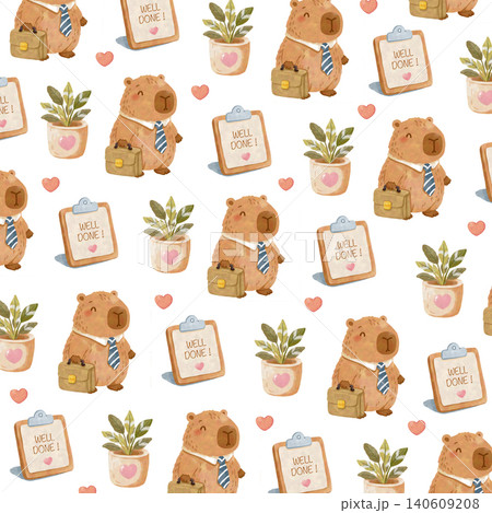 Watercolor Capybara Labor Day Seamless Pattern with Coffee Mug and Lantern Cute Animal Background Watercolor Capybara Labor Day Seamless Pattern with Coffee Mug and Lantern Cute Animal Background 140609208