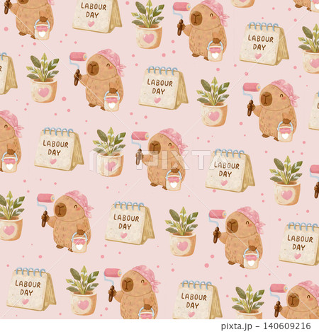 Watercolor Capybara Labor Day Seamless Pattern with Coffee Mug and Lantern Cute Animal Background 140609216