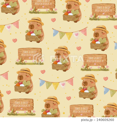 Watercolor Capybara Labor Day Seamless Pattern with Coffee Mug and Lantern Cute Animal Background 140609260