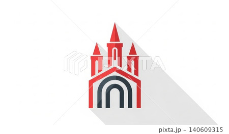 Architecture - Flat Design Red Castle Icon with Arched Gateway Towers and Long Shadow on White Background Architecture - Flat Design Red Castle Icon with Arched Gateway Towers and Long Shadow on White Background 140609315